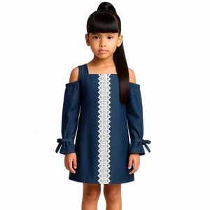 Stylish Blue Denim Dress with White Lace Detail